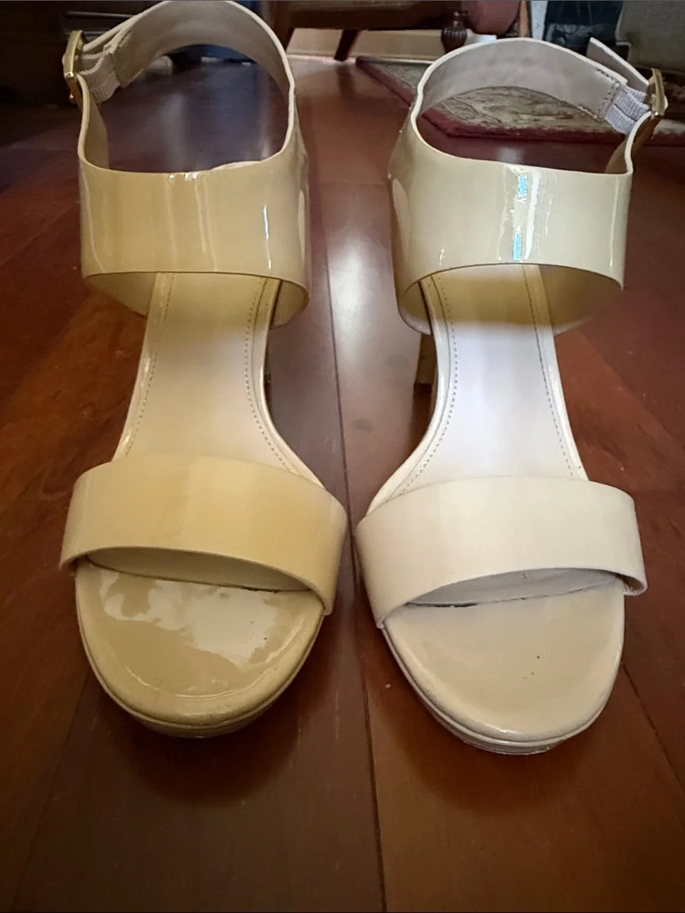 Michael Kors Patent Leather Open-Toe Ankle-Strap Heels in Cream